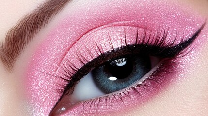 Obraz premium Close up of Blue Eye with Pink Glitter Eyeshadow and Eyeliner