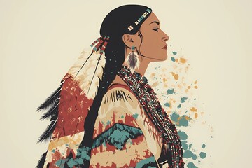Fototapeta premium Portrait of a Native American woman in traditional attire, with intricate tribal patterns, perfect for cultural heritage and history visuals.