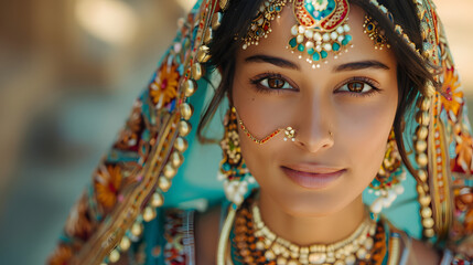 Obraz premium Beautiful indian woman or princess in traditional wear and jwellery