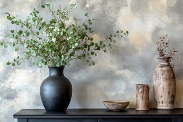 Creative composition of living room interior with mock up poster frame, vase with died flowers, braided plaid, modular sofa, wooden coffee table and personal accessories. Home decor, Generative AI