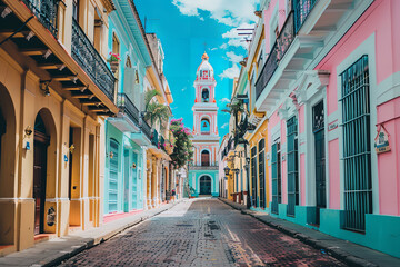 Colonial Architecture in South American City with Cobbled Streets  