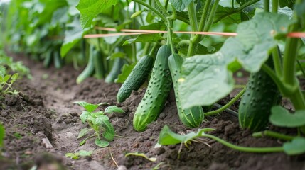 Fototapeta premium Green cucumber grows on the bed in the greenhouse, selective focus, Generative AI,