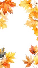 Watercolor autumn leaves border, white background, clip art for stickers