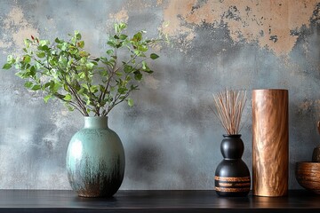 Creative composition of living room interior with mock up poster frame, vase with died flowers, braided plaid, modular sofa, wooden coffee table and personal accessories. Home decor, Generative AI