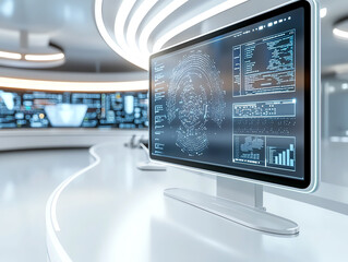 Naklejka premium Futuristic digital interface displaying data analytics in a modern tech environment for enhanced decision making and innovation