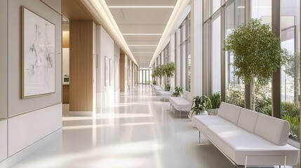 Obraz premium Modern Interior Hallway with Natural Light and Plants