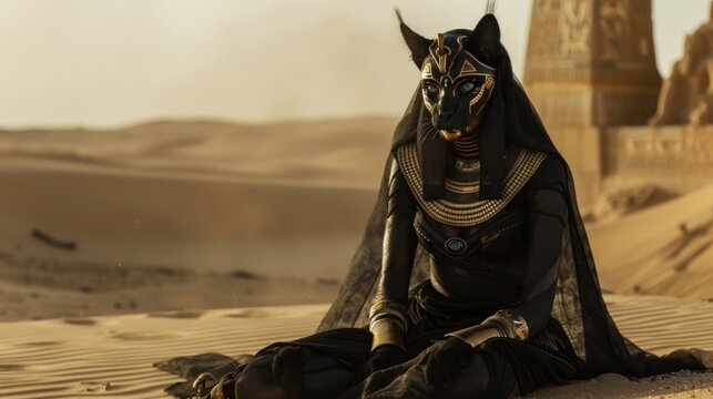 Ancient Egyptian cat Bastet goddess statue in desert with pyramid backdrop
