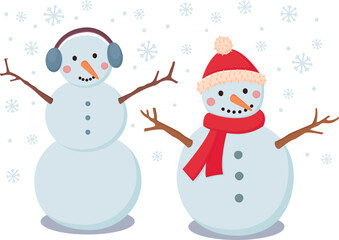 Smiling snowmen in hats and it is snowing. Colorful winter illustration