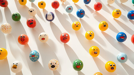 Variety of emotion balls, including cheerful, grumpy, and surprised faces, scattered across a white surface in an artistic layout --chaos