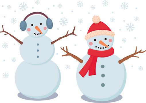 Smiling snowmen in hats and it is snowing. Colorful winter illustration