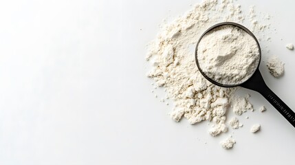 Flat lay composition with protein powder on white background. 