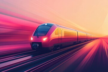 Naklejka premium A sleek train travels effortlessly along the tracks, illuminated by the warm hues of a vibrant sunset, capturing a sense of speed. Generative AI