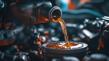 Pouring fresh oil into a car engine during an oil change, ensuring improved performance and protection.