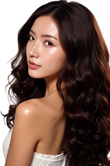 Fototapeta premium Beautiful Asia Woman with Long Wavy Brunette Hair isolated PNG