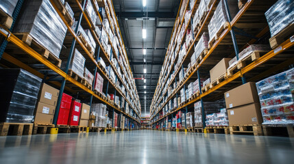 Warehouse with large shelving units filled with merchandise, bright overhead lights, and a clear aisle for easy access to products --chaos