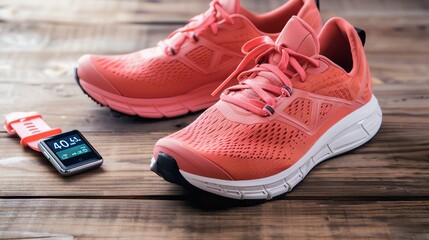 Close up of pink running shoes and a fitness tracker on a wooden surface.