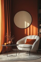 Warm and cozy living room interior with red mock up poster frame, copy space, stylish beige sofa, patterned pillow, coffee table and personal accessories. Home decor, Generative AI