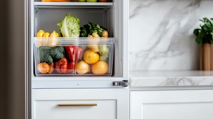 Open refrigerator door revealing fresh produce, including lettuce, peppers, bananas, and lemons.