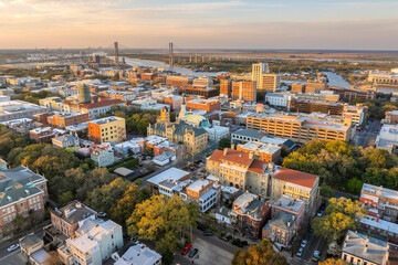 Aerial view of Savannah, old historical city in Georgia. Southern American architecture at night