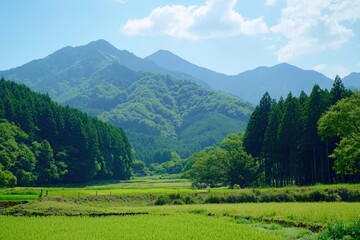 Obraz premium Tranquil rice fields beneath serene mountains on a bright sunny day in rural Japan
