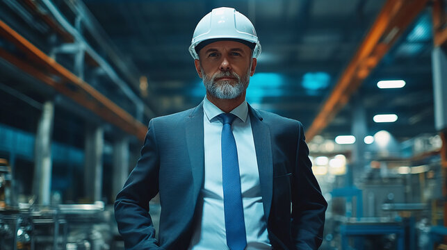 Senior engineer confidently overseeing factory operations in a hard hat and suit, showcasing expertise in engineering.
