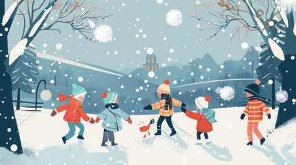 Naklejka premium children playing in winter illustration.