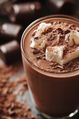 A glass of rich hot chocolate topped with marshmallows, surrounded by chocolate chunks for a delicious treat.
