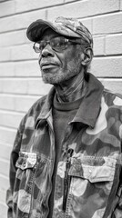 Elderly man in a camouflage jacket and cap stands thoughtfully against a textured wall