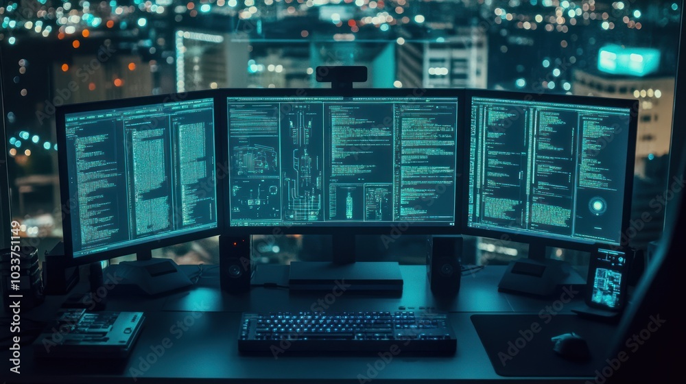 Poster Nighttime Computer Setup with Green Code on Multiple Monitors
