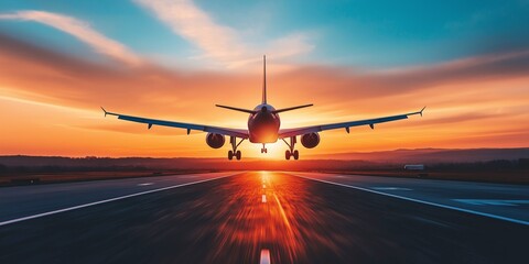 Naklejka premium An airplane touches down on a runway against a vibrant sunset sky, symbolizing travel and adventure.