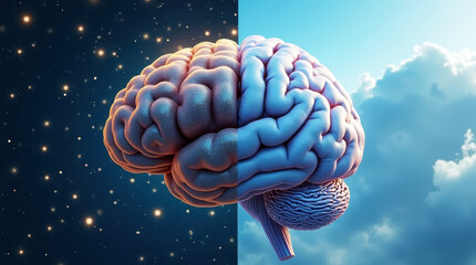 Split-image of brain with night sky on one side and day sky on the other, depicting lifestyle and sleep rhythms