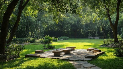 Fototapeta premium Serene Garden with Stone Seating Area in Nature