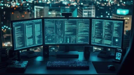 Fototapeta premium Nighttime Computer Setup with Green Code on Multiple Monitors