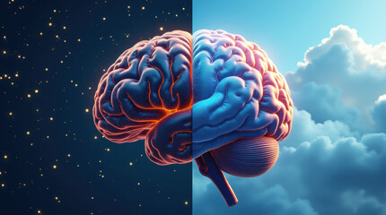 Obraz premium Brain overlaid on a background transitioning from night stars to daytime clouds, emphasizing sleep importance