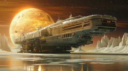 A massive cargo ship docking at an orbital platform near Europa, one of Jupiterâ€™s moons, with its icy surface reflecting the distant sun, space logistics, interplanetary commerce, futuristic 