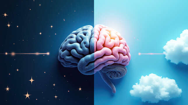 Brain symbolizing circadian rhythms over a background split between dark starry night and bright cloudy day