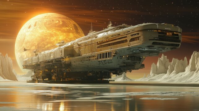 A massive cargo ship docking at an orbital platform near Europa, one of Jupiter’s moons, with its icy surface reflecting the distant sun, space logistics, interplanetary commerce, futuristic - Powered by Adobe