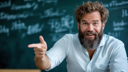 A cheerful man with a beard points with enthusiasm in a classroom setting, conveying positivity and engagement as he interacts in a learning environment.