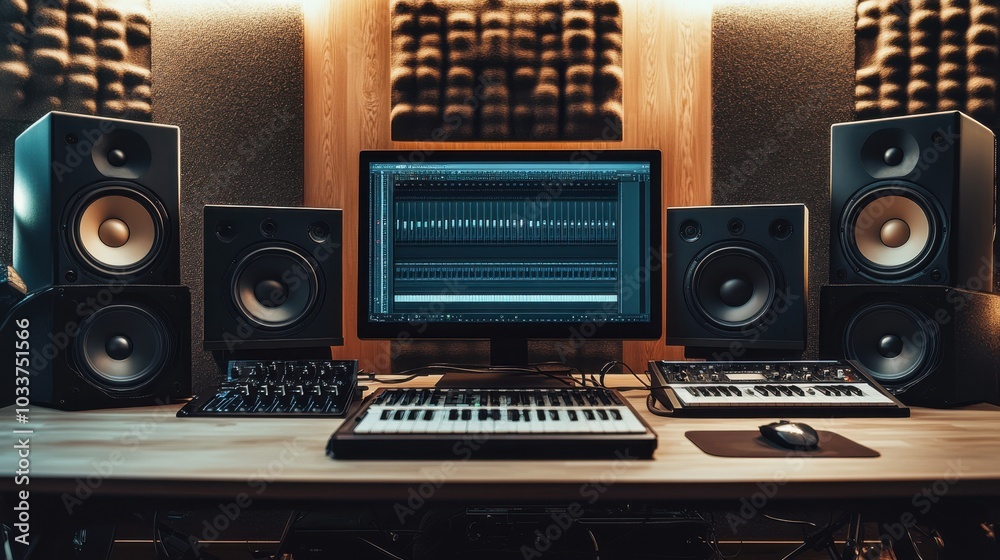 Poster a minimalist image of a pair of high-end studio monitors on a desktop with a sleek audio interface a