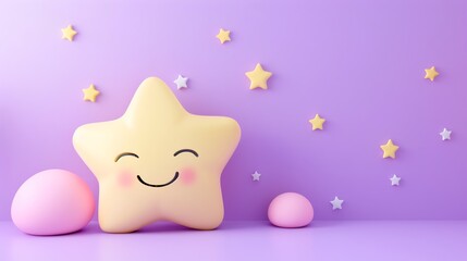 A 3D rendered cartoon smiley face star with pink cheeks.