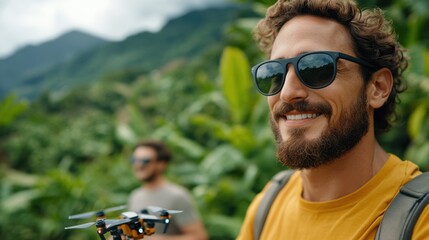 A cheerful man with sunglasses and a beard handles a drone while standing amidst lush greenery, savoring the freedom and adventure of outdoor exploration.