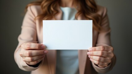 A woman in a cream blouse and blazer holds a blank card in a neutral-toned room, suggesting readiness for communication or creativity. Mock-up