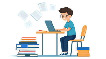 Boy studying with books and laptop, papers flying around, white isolated background.