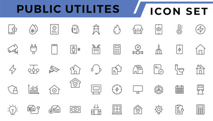 Public utilities web icons line set. Public Utilities Water, Fuel, Electricity, gas, garage, Solar House, Rent receipt, Maintainence, and More vector illustration