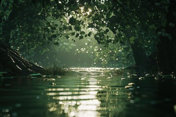Fototapeta premium Serene river flowing through enchanting forest at dawn with soft mist and sunlight