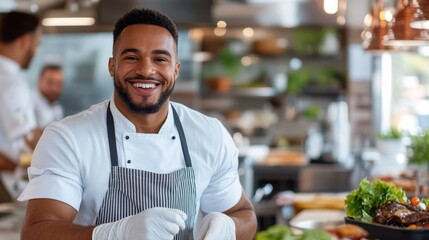 A confident, bearded chef in a modern kitchen wears a striped apron and white gloves as he prepares food, showcasing his culinary expertise with a warm smile.