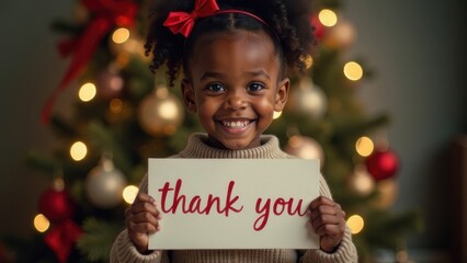 A joyful child with curly hair holding a thank you sign in front of a decorated Christmas tree indoors during the festive season