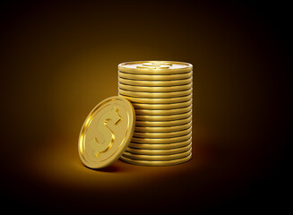 Stack Of Golden Shiny United States Dollar USD Coins On Shiny Golden Glow Background 3d Illustration