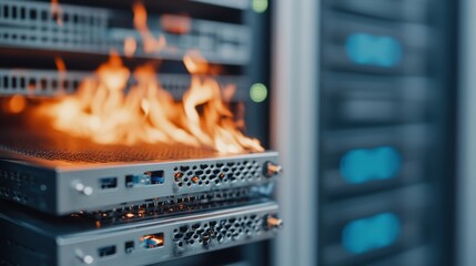A close-up image of a server rack caught on fire inside a data center, depicting the intense flames and urgent situation in a modern technological environment.