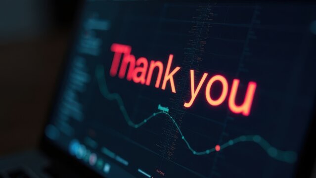 Digital display showing a bold thank you message against a dark background with data visualization elements visible on a computer screen - Powered by Adobe